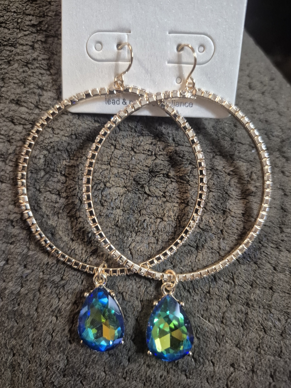 Gold Hoop Earrings with Blue-Green Teardrop Crystal Dangles